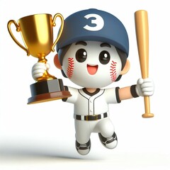 Naklejka premium Animated character 3D image of a baseball winner celebrating with a gold cup, cute design, white background