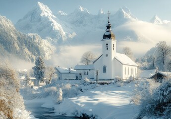 Serene Winter Landscape with Church and Majestic Mountains in a Snowy Scene