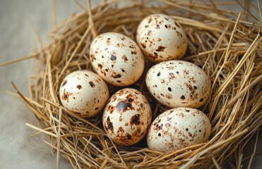 Obraz premium Close-up of six speckled quail eggs resting in a nest made of dried straw with soft lighting