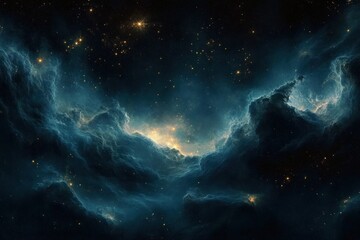 Fototapeta premium Vast cosmic scene with glowing stars and dark cloudy nebulae creating an ethereal and mysterious atmosphere in deep space