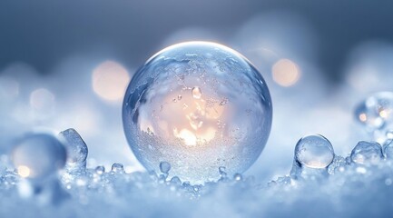 Close-up of a frozen soap bubble resting on icy ground with a soft glow of warm light inside and a blurred blue background creating a serene winter atmosphere