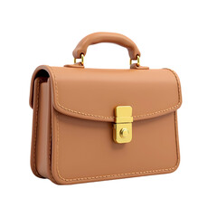 A tan leather handbag with a gold clasp and handle   in a studio shot isolated on transparent background
