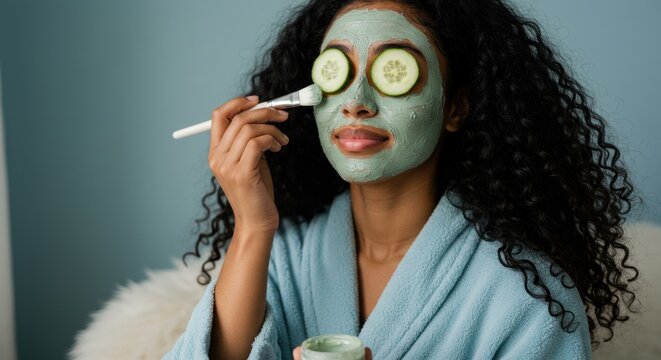 Woman applying face mask with cucumber slices