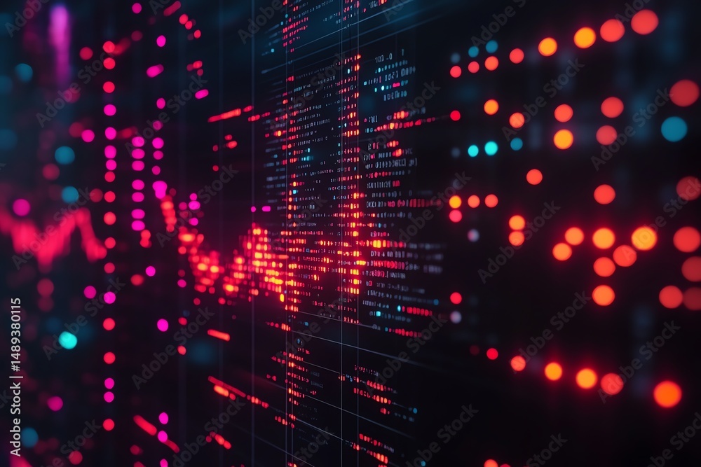 Fototapete digital code stream: glowing red and pink data flow