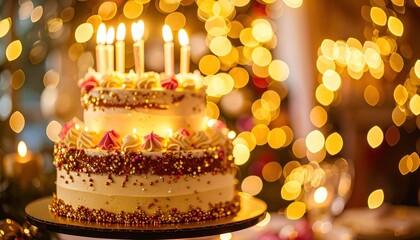 Celebratory tiered cake with candles illuminating a festive background bokeh