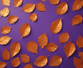 Obraz premium Dried orange metallic leaves, violet backdrop Geometric autumnal design , still life, orange, autumn