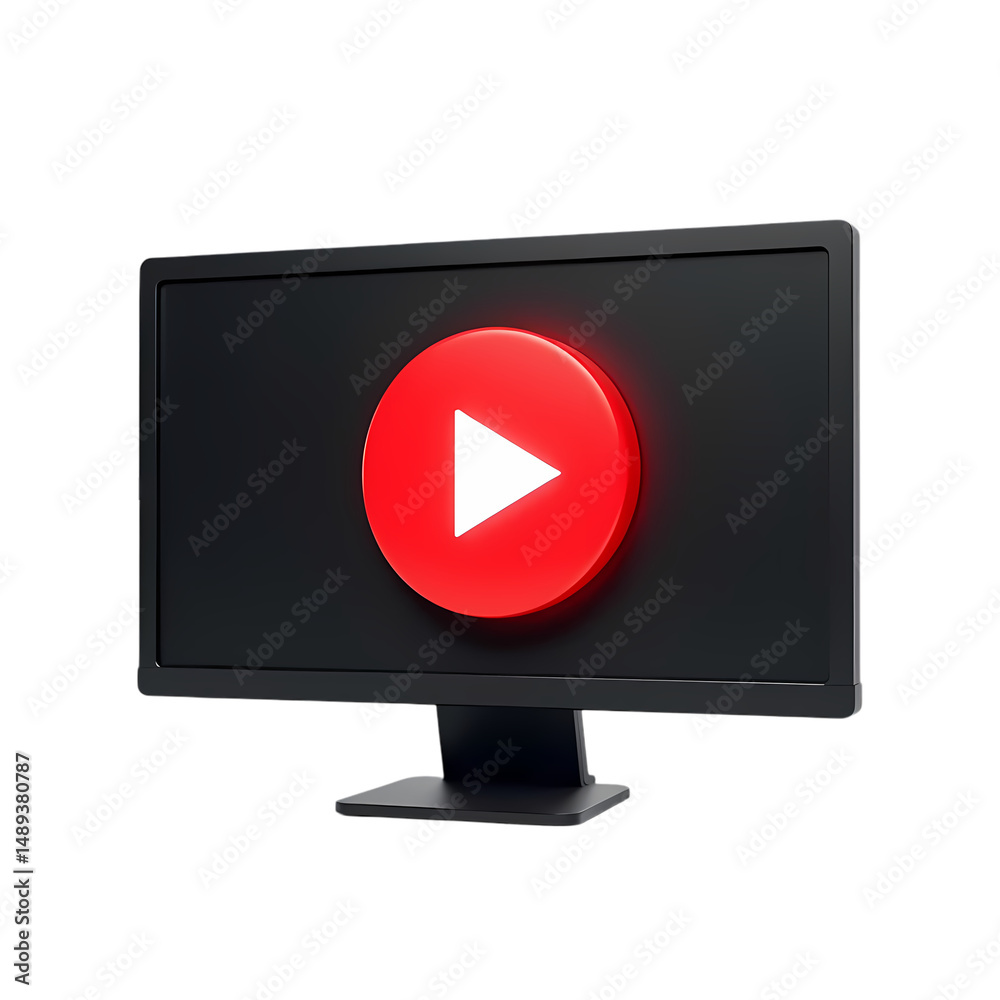 Poster a black computer monitor displaying a red play button icon screen isolated on transparent background