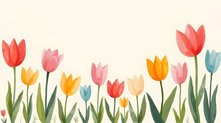 Colorful tulip illustration. Cheerful floral design with vibrant blooms. Ideal for spring themes, greeting cards, and decorative backgrounds.