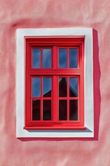 Obraz premium Bright red framed window with white trim set in pastel pink stucco wall reflecting a blue sky and roof silhouette, creating a vibrant and cheerful facade