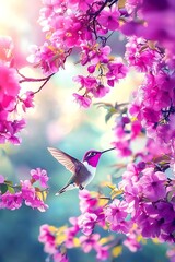 Hummingbird in Blooming Pink Flowers