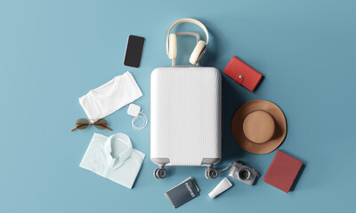 Ready for travel. White suitcase surrounded by essential travel items on a blue background. 3d rendering