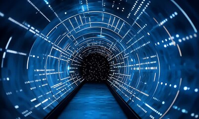 A futuristic tunnel with glowing blue lights and digital data flowing through it, leading to an open black hole in the center of space. The background is dark and starry - Powered by Adobe