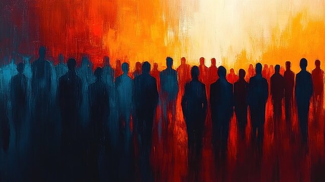 Abstract silhouette crowd of people standing against a vivid background blending deep blue, red, orange and bright yellow tones creating a dramatic and intense atmosphere