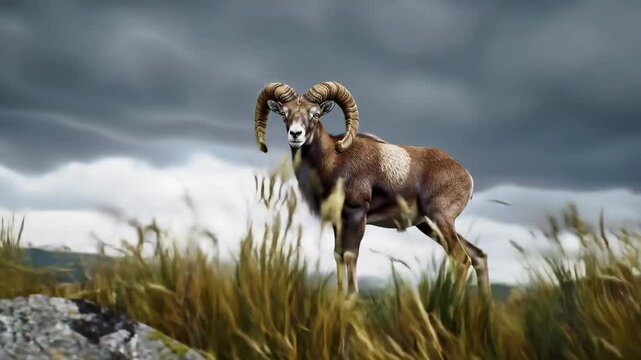 Majestic sheep mouflon standing in tall grass against a dramatic cloudy sky, showcasing nature's beauty