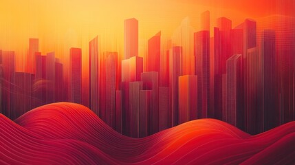 Sunset cityscape over red hills; urban landscape design