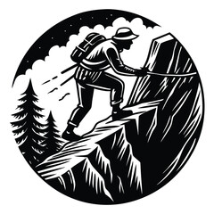 Adventurous Hiker Scaling a Dramatic Cliff Edge