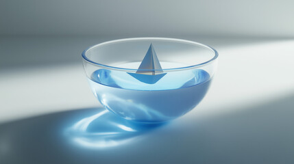 Fototapeta premium Floating Teacup with Glowing Blue Liquid and Paper Sailboat on White Background, Surreal Minimalist Scene with Transparent Teacup and Tiny Boat in Blue Light