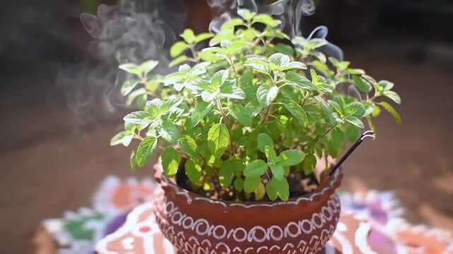 Sacred Thulasi Plant Growing in Pot