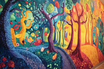 A vibrant mural depicting a colorful forest with artistic trees and whimsical landscapes.