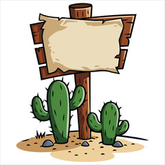Wild west wooden signpost with desert cactus