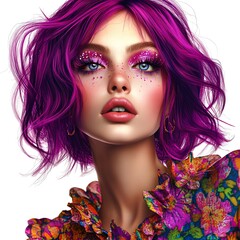 Fototapeta premium High-Fashion Portrait of Purple-Haired Woman with Glittery Makeup and Floral Outfit