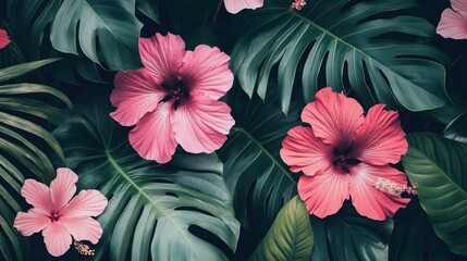 Vibrant hibiscus flowers and lush tropical leaves