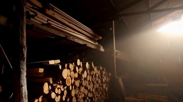 The timber stored in the warehouse of the wood factory