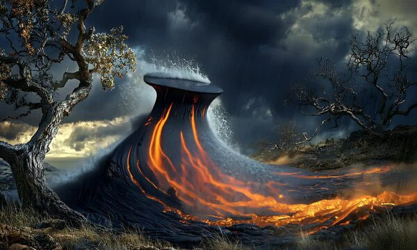 Dark Volcanic Eruption With Crashing Wave at Night