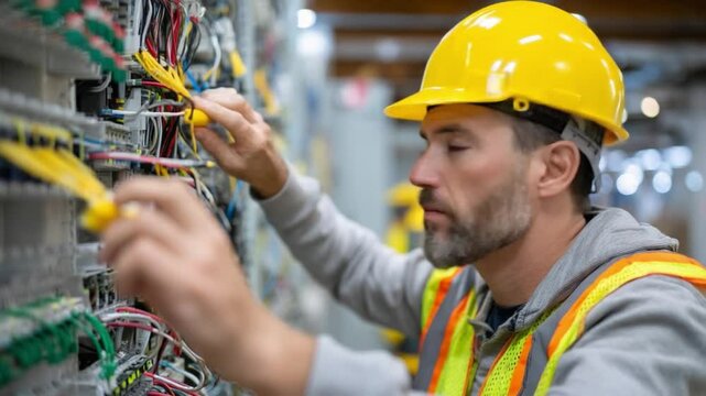 Technician at Work: A focused technician, clad in a safety vest and hard hat, meticulously examines an intricate network of electrical wiring.