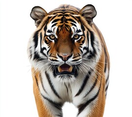 Obraz premium Close-up of a majestic adult tiger walking forward with intense gaze and slightly open mouth showing sharp teeth on white background