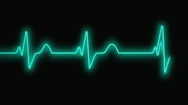 Neon teal heart rate monitor graphic on black background.