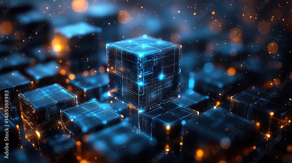Poster futuristic abstract 3d geometric cubes with glowing blue elements and bokeh effects – digital techno