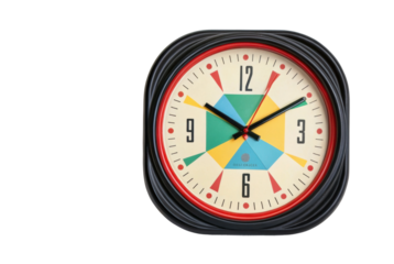 PNG Retro colorful wall clock with geometric design on black background