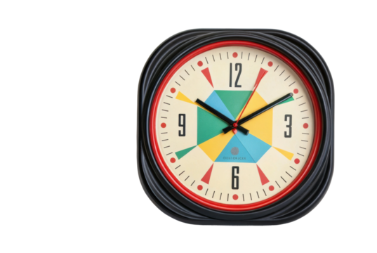 PNG Retro colorful wall clock with geometric design on black background