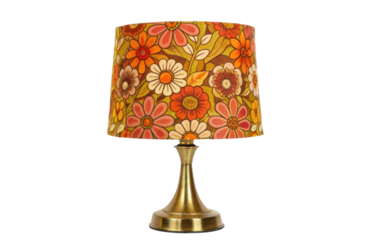PNG Retro floral lamp with brass base and vintage patterned shade