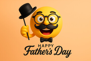 happy fathers day emoji with mustache glasses and black hat smiling and waving on orange background for celebration
