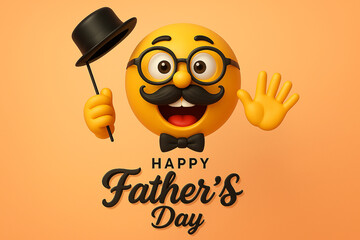 happy fathers day emoji with glasses mustache bowtie waving hand and holding black hat on orange background