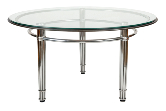 PNG Elegant round glass table with chrome legs on white background