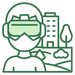 Obraz premium A person wearing virtual reality goggles exploring a digital landscape with buildings and nature elements.