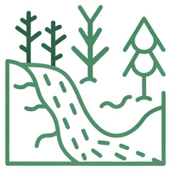 Obraz premium A winding river flows through a stylized forest with several distinct trees.