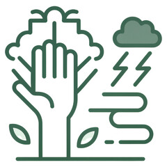 Obraz premium A stylized illustration of a hand integrated with a tree, accompanied by a cloud, lightning, and leaves.