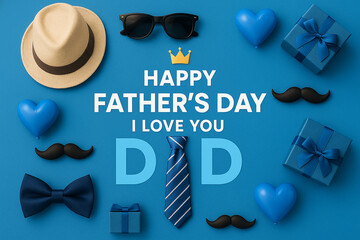 Happy fathers day message with tie hat gift mustache bow heart crown glasses love dad celebration blue background