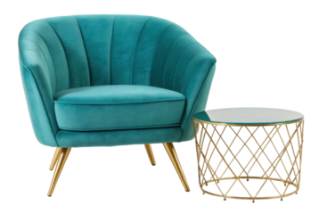 PNG Teal accent chair and gold coffee table set with modern design