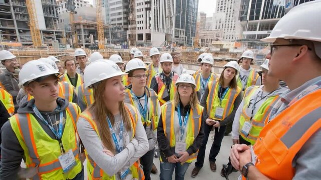 Construction Site Tour: A construction foreman gives a safety briefing to a group of young construction apprentices on a modern city construction site.