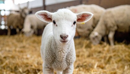 Fototapeta premium Close-up of a Charming Lamb in a Barn, surrounded by other sheep in the hay