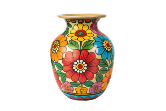 PNG Colorful floral ceramic vase with vibrant red, yellow, and blue flowers on a black background