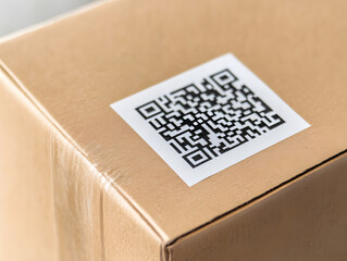Closeup of cardboard delivery box with QR code label on top corner, showing packaging and shipping details in clear and focused view