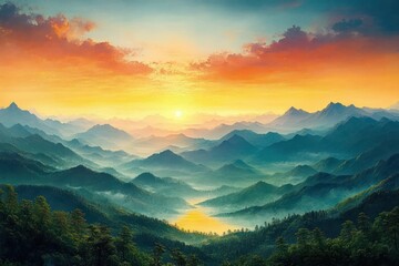 Fototapeta premium Sunrise over layered mountain ranges with dense forest and misty valleys creating a peaceful and majestic natural landscape