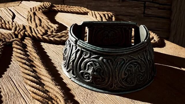 Close-up of decorative metal collar with textured rope on wooden plank backdrop
