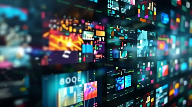An abstract multimedia background showcasing a collection of various channel images symbolizes the advancement of web streaming and video technology. Perfect for tech-related designs.